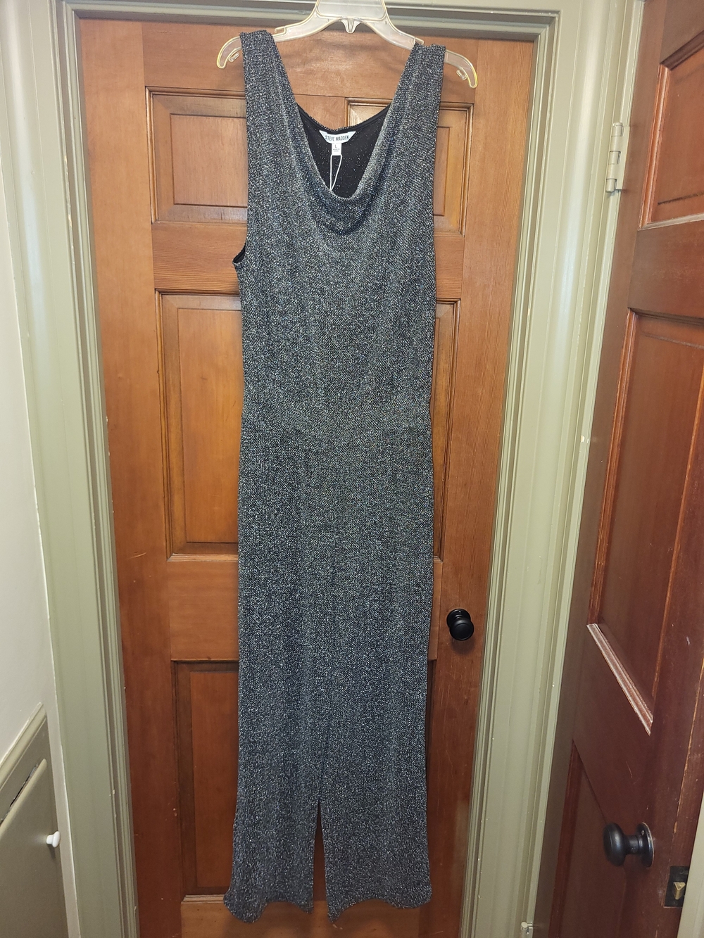 Steve Madden Sleeveless Metallic Silver-Black Cowl Jumpsuit